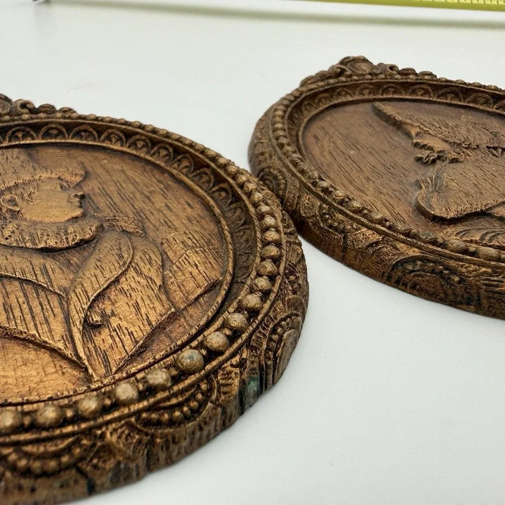 Vtg Victorian Plaque Set Man Women Bust Silhouette Wood Grain Wall Hanging *Flaw